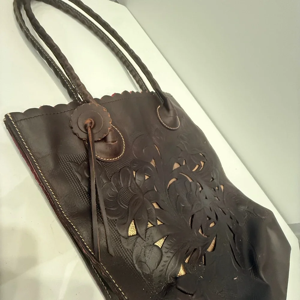 Patricia Nash Dark Brown Leather‎ Floral Cutout Scalloped Tote Bag Pink Lining